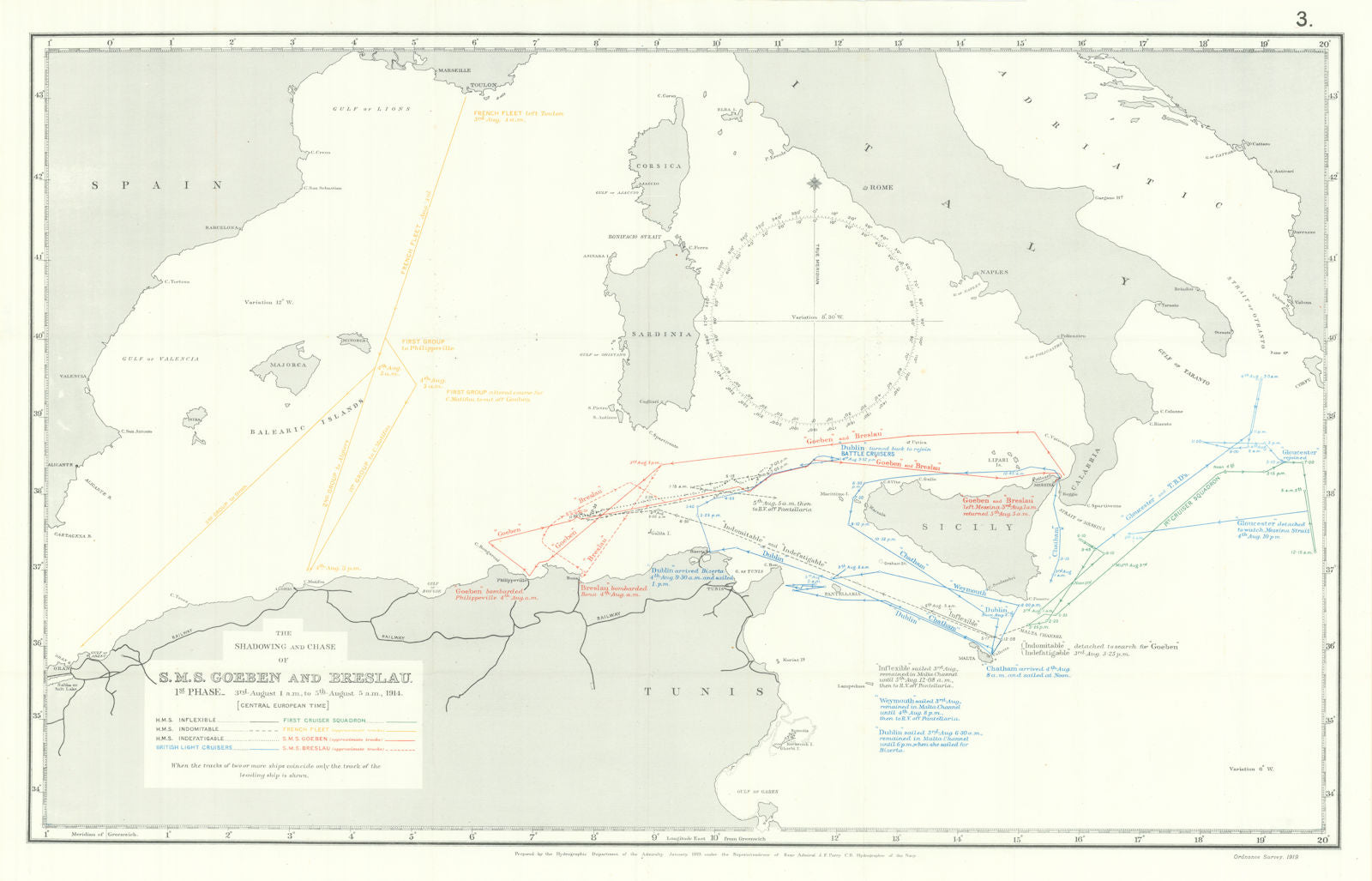 Pursuit of SMS Goeben & Breslau. 3-5th August 1914. First World War. 1920 map